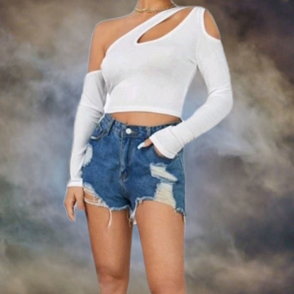White Asymmetrical Cut Out Cold Shoulder Top S(4)